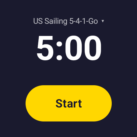 A watch face showing US Sailing 5-4-1-Go armed at five minutes, white numerals on navy