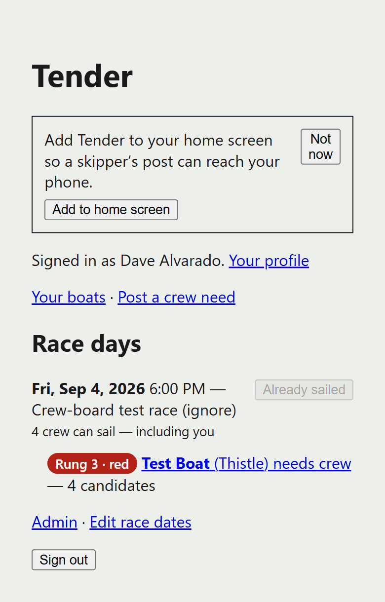 Tender's board on a phone: one race day listed, with a Thistle that needs crew flagged rung 3, red, and four candidates